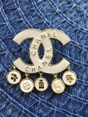 White and Gold CC Logo Charm Brooch